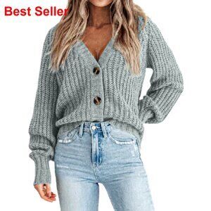 Chunky Knit V-Neck Cardigan, Open Front, Long Sleeve, Loose Fit, Fall Winter